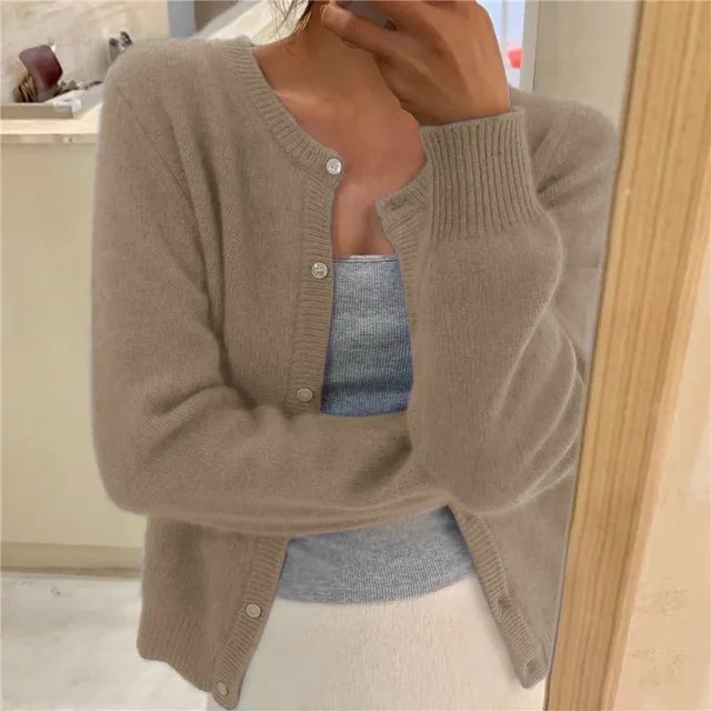 Women's Slim Cropped Knit Cardigan - Khaki