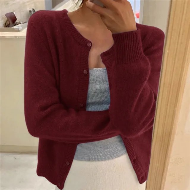Women's Slim Cropped Knit Cardigan - Burgundy