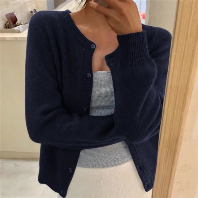 Women's Slim Cropped Knit Cardigan - Navy Blue
