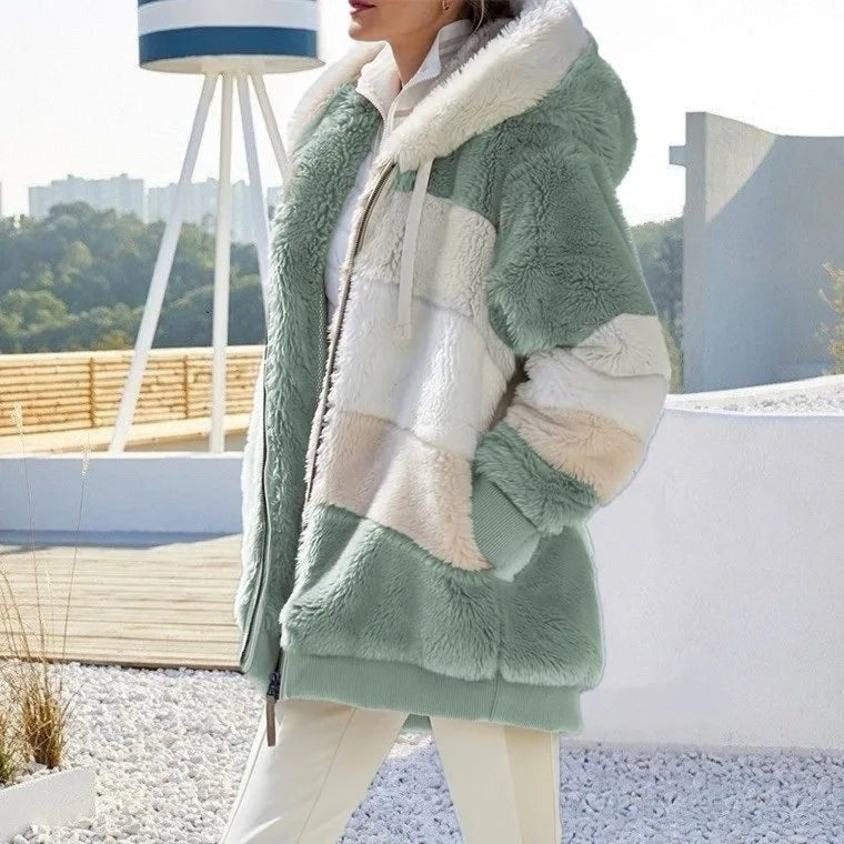 Women's Striped Oversized Hooded Faux Fur Jacket - Green Stripes