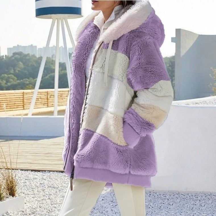 Women's Striped Oversized Hooded Faux Fur Jacket - Lilac Stripes