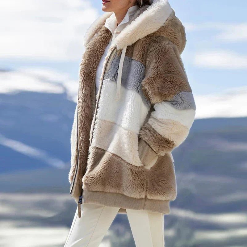 Women's Striped Oversized Hooded Faux Fur Jacket - Brown Stripes