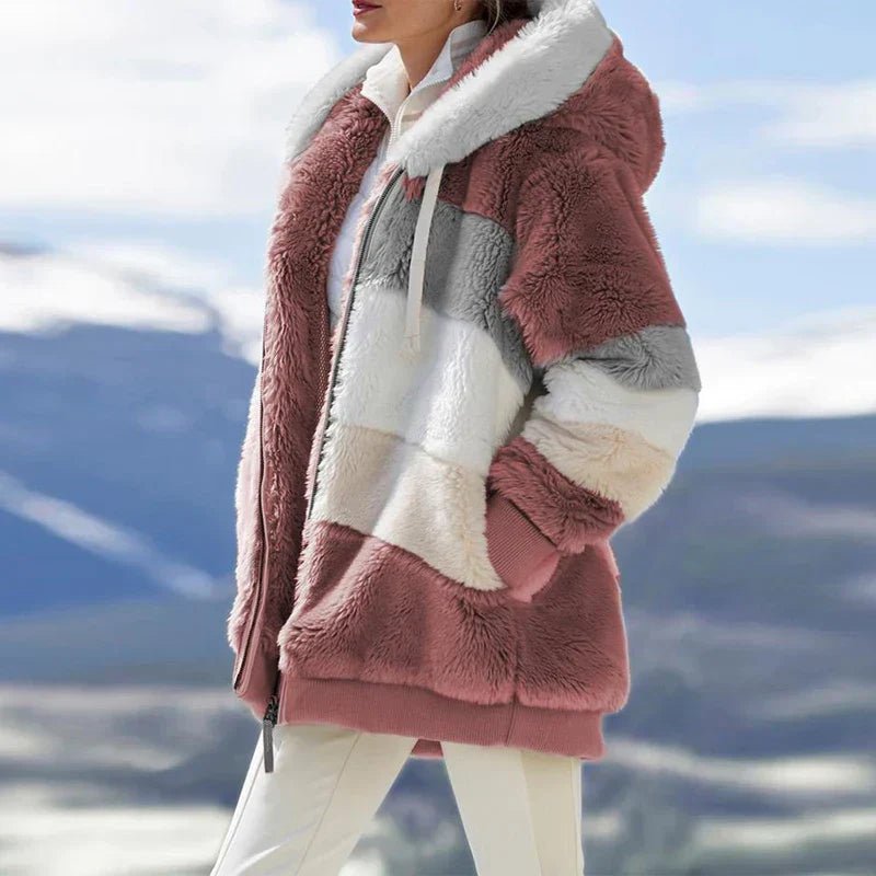 Women's Striped Oversized Hooded Faux Fur Jacket - Red Stripes