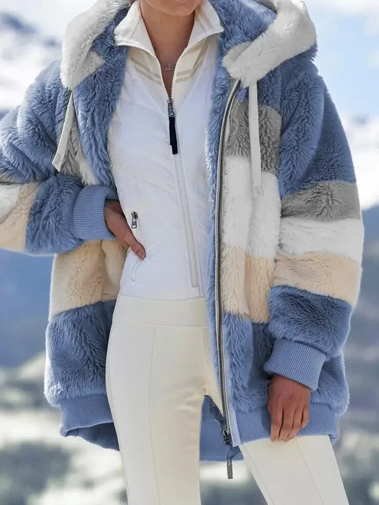 Women's Striped Oversized Hooded Faux Fur Jacket - Blue Stripes