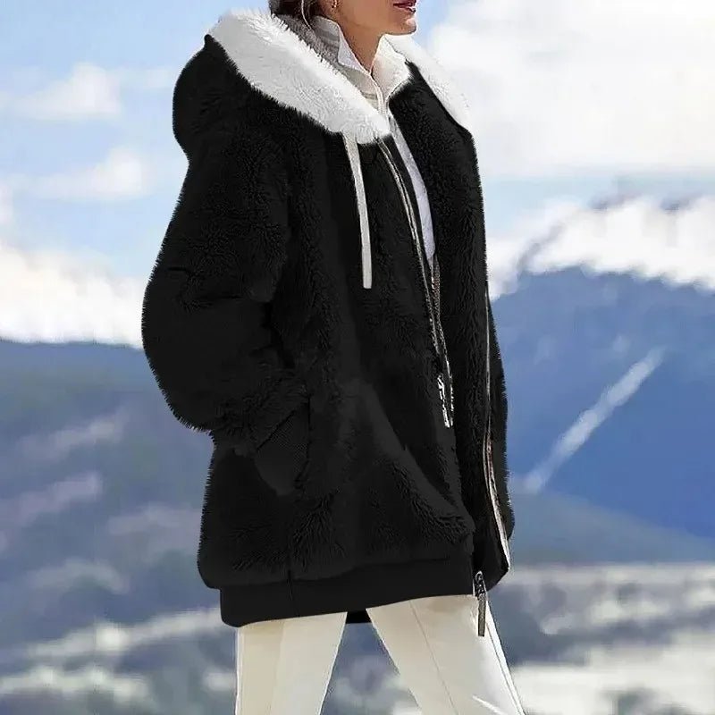 Women's Striped Oversized Hooded Faux Fur Jacket - Black