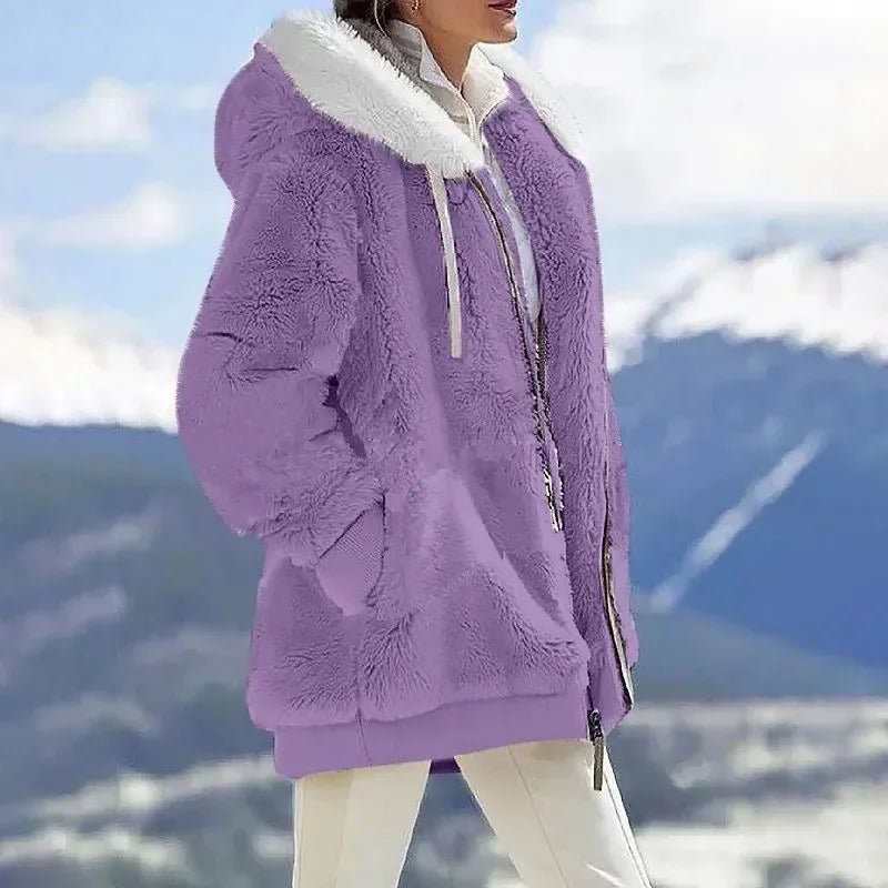 Women's Striped Oversized Hooded Faux Fur Jacket - Lilac