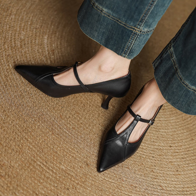 Pointed Toe Mary Jane Pumps - Black