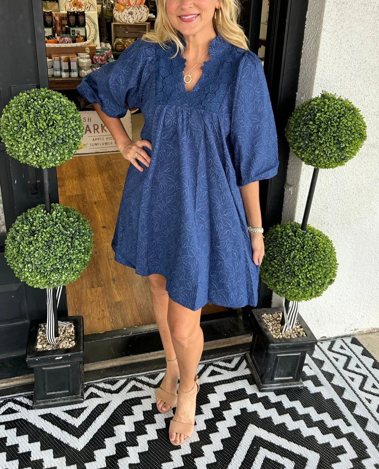Puff Sleeve Mini Dress - Navy