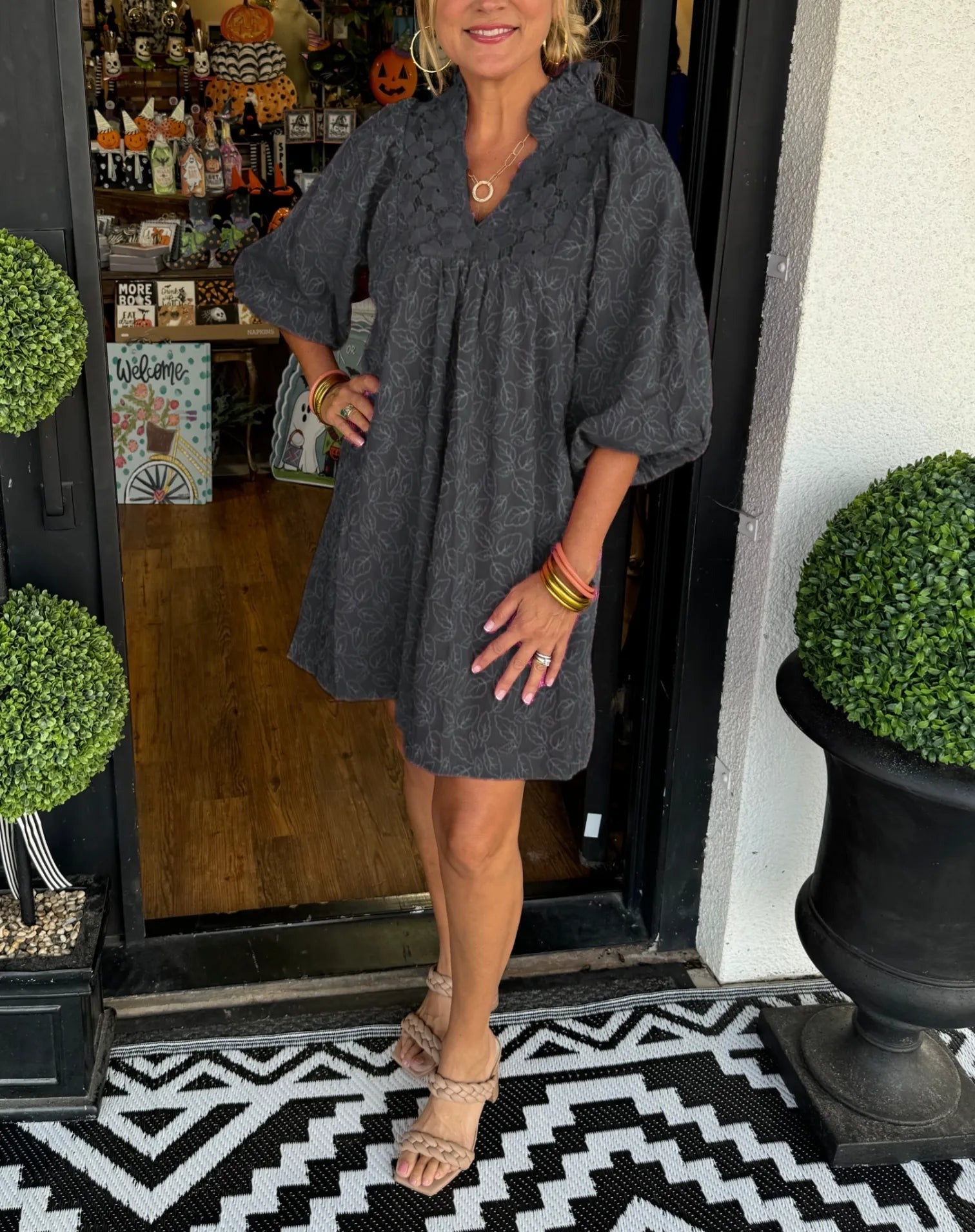 Puff Sleeve Mini Dress - Black