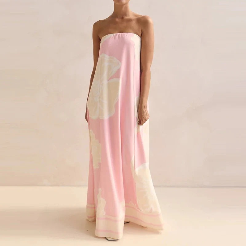 Strapless Floral Maxi Dress - Pink Print