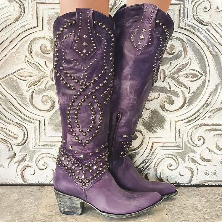 Women's Leather Knee-High Cowboy Boots - Purple