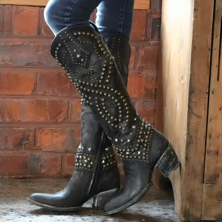 Women's Leather Knee-High Cowboy Boots - Black