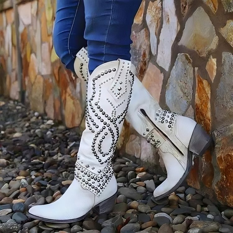 Women's Leather Knee-High Cowboy Boots - White