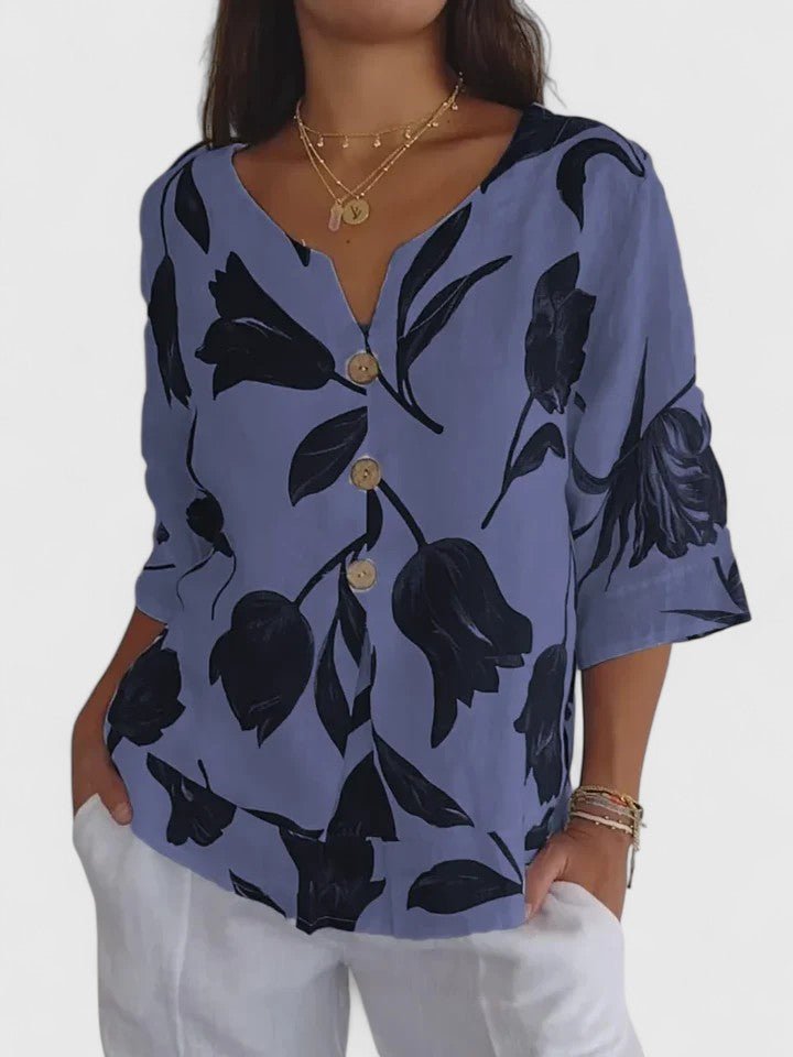 Women's Floral V-Neck Blouse - Blue