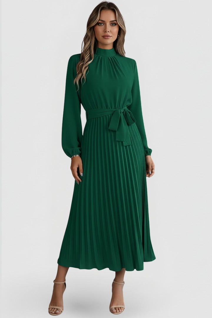 Pleated Long Sleeve Midi Dress - Green