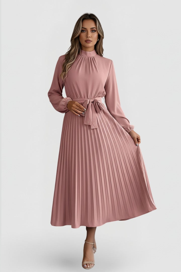 Pleated Long Sleeve Midi Dress - Pink