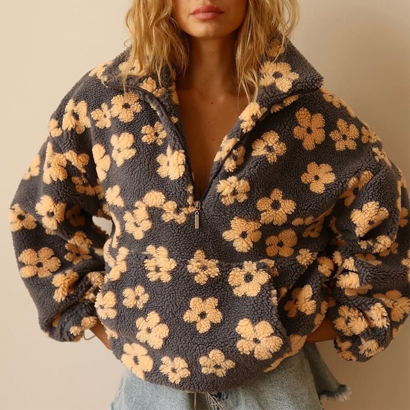 Women's Oversized Floral Sherpa Pullover - Yellow