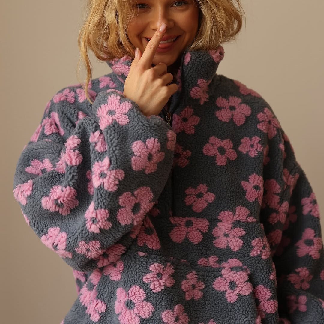 Women's Oversized Floral Sherpa Pullover - Pink