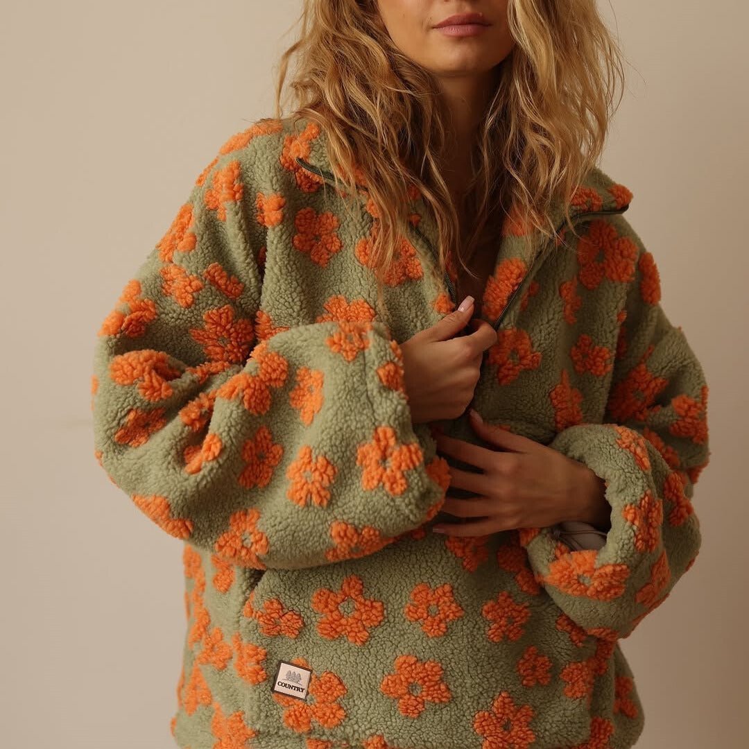 Women's Oversized Floral Sherpa Pullover - Orange