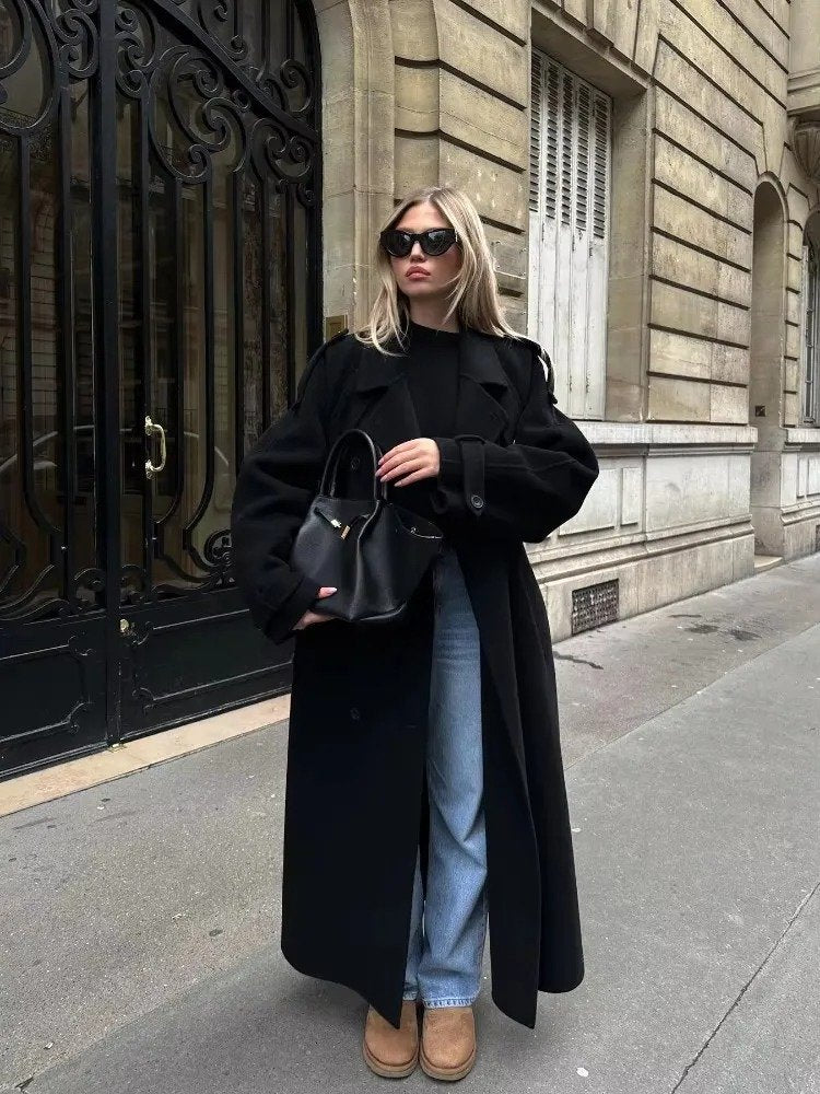 Women's Oversized Wool Trench Coat - Black