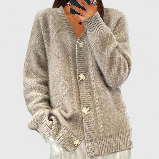 Women's V-Neck Cable Knit Cardigan - Khaki