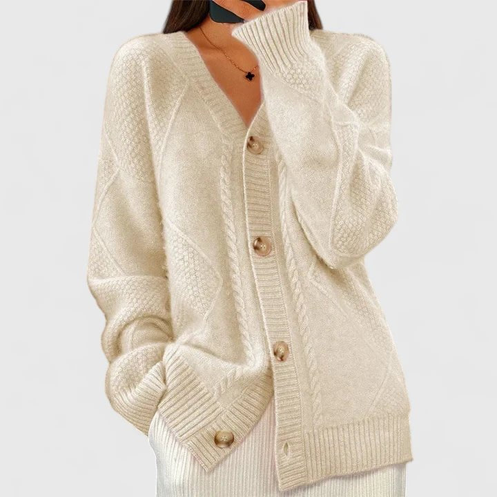 Women's V-Neck Cable Knit Cardigan - Apricot