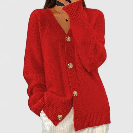 Women's V-Neck Cable Knit Cardigan - Red