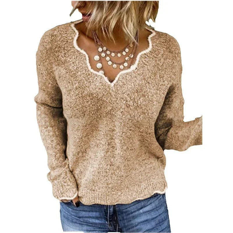 Women's V-Neck Wool Sweater - Khaki