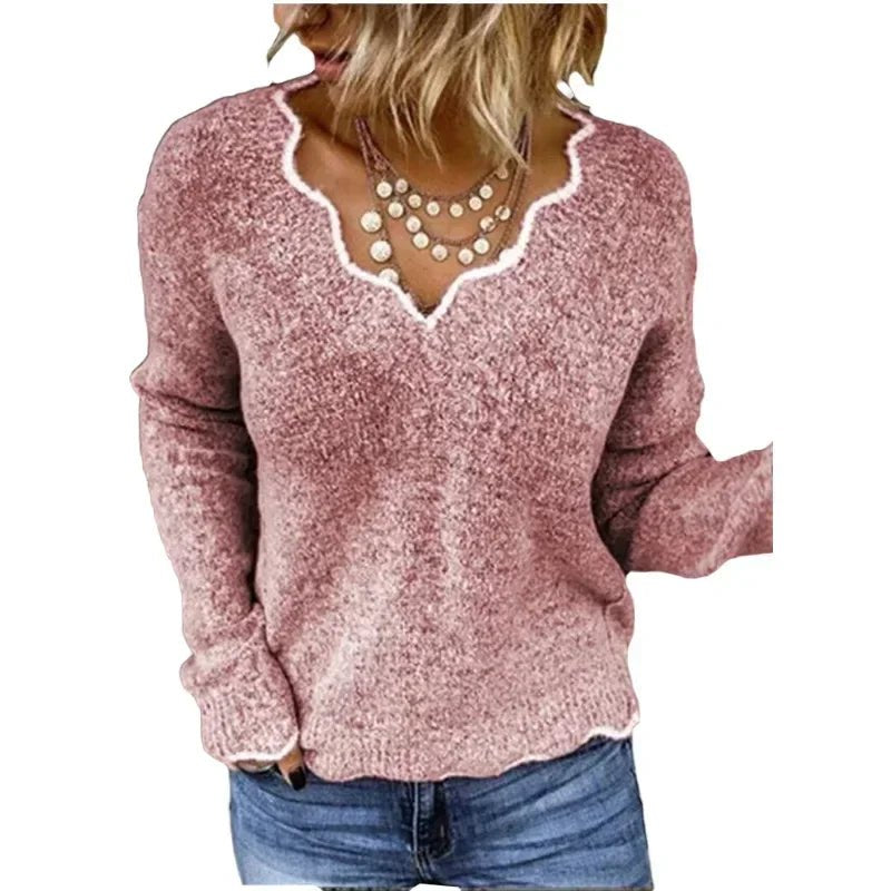 Women's V-Neck Wool Sweater - Pink