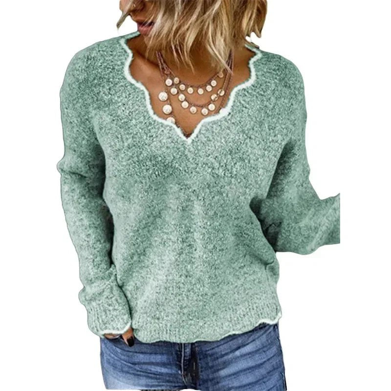 Women's V-Neck Wool Sweater - Green