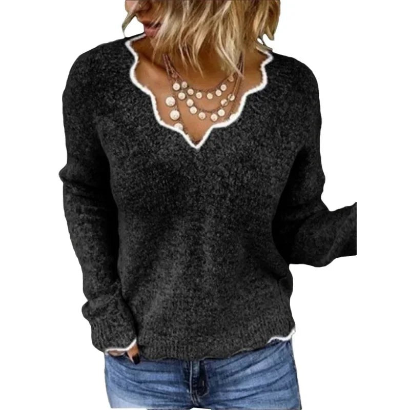 Women's V-Neck Wool Sweater - Black