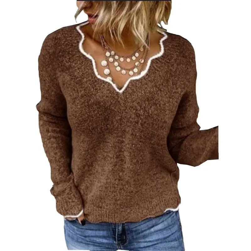 Women's V-Neck Wool Sweater - Brown
