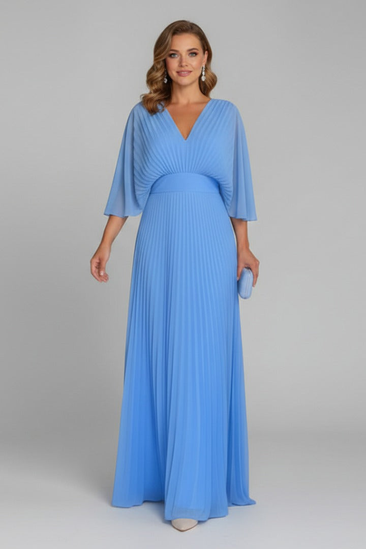 Pleated Kimono Sleeve Maxi Dress - Light Blue