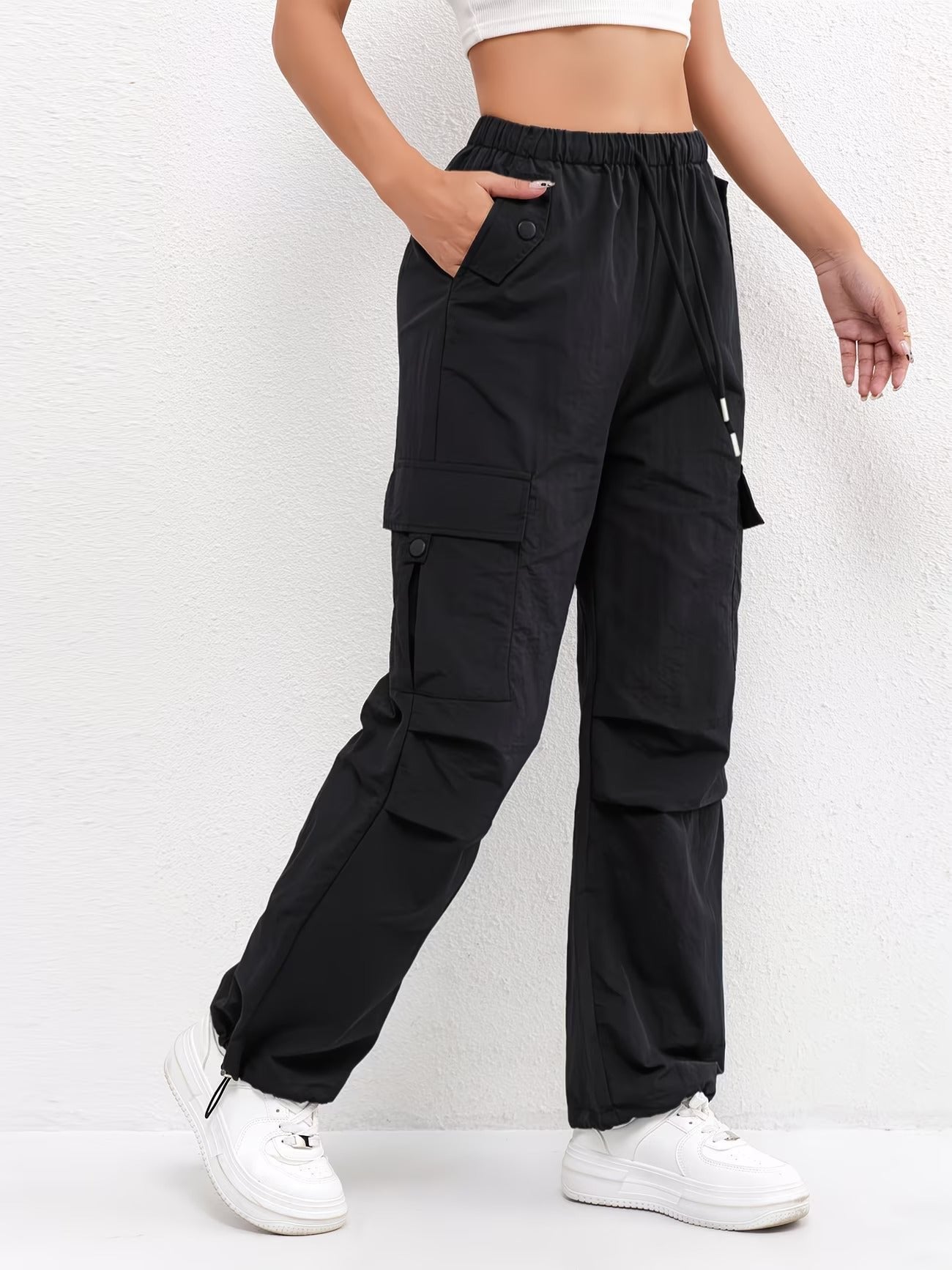 Women's Cargo Parachute Pants - Black