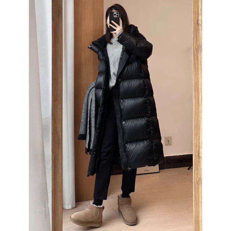 Women's Hooded Nylon Puffer Coat - Black