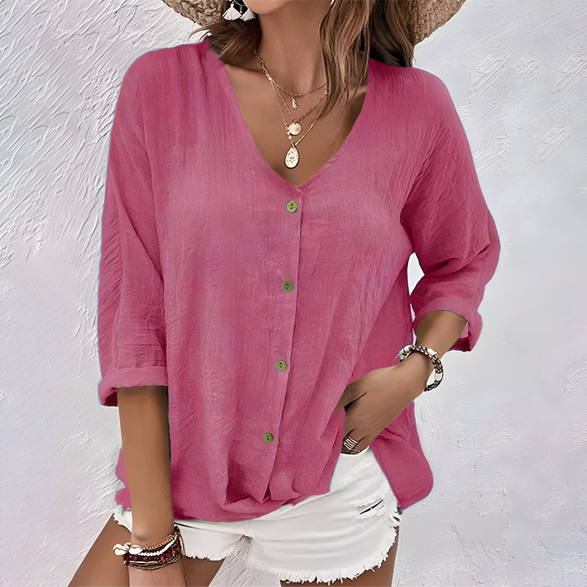 Women's Oversized V-Neck Blouse - Pink