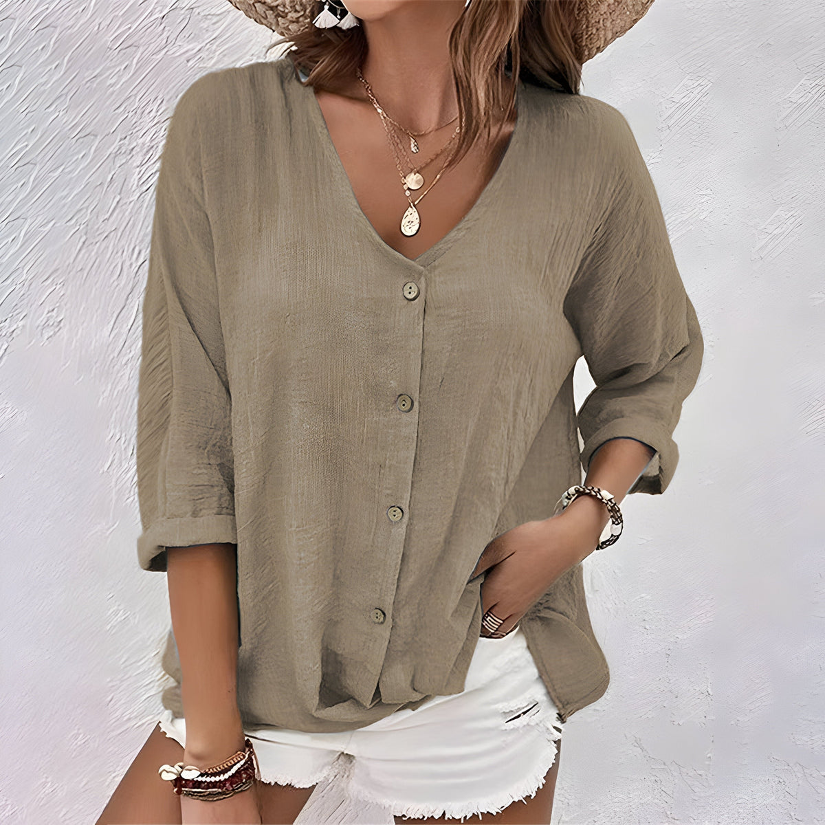 Women's Oversized V-Neck Blouse - Khaki