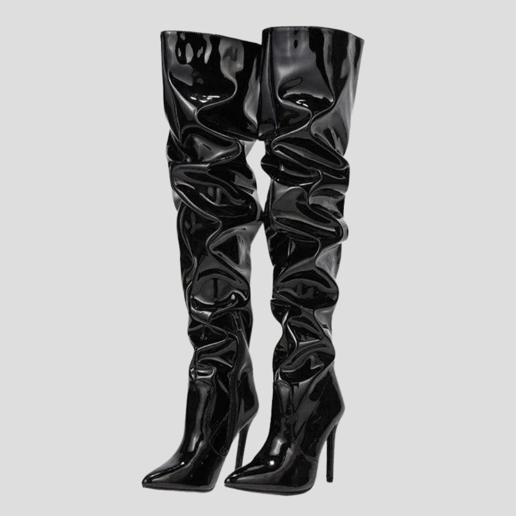 Women's Patent Leather Thigh-High Boots - Black