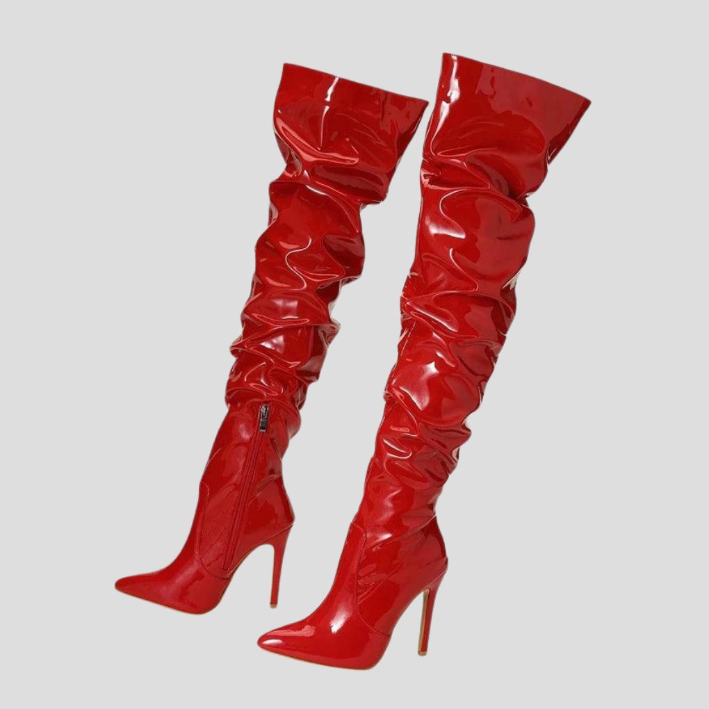 Women's Patent Leather Thigh-High Boots - Red