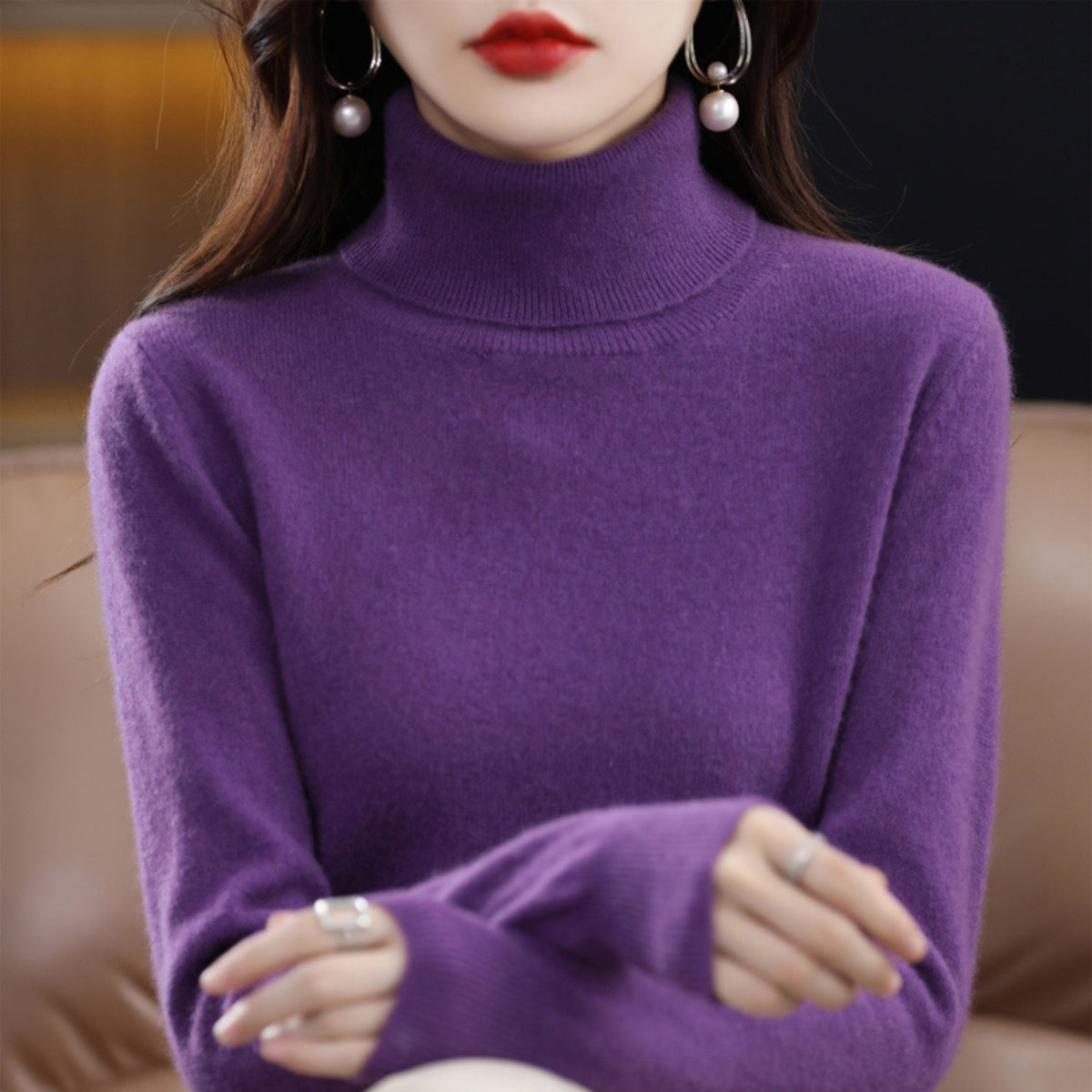 Women's Slim Cashmere Turtleneck Sweater - Purple