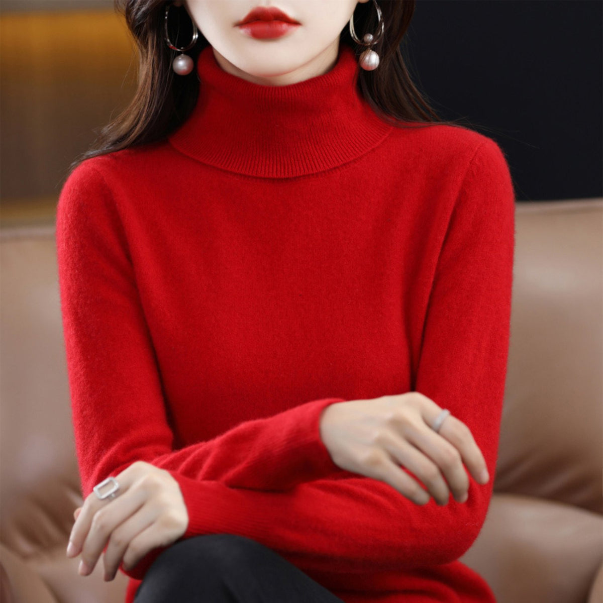 Women's Slim Cashmere Turtleneck Sweater - Red