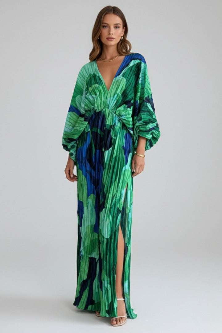 Printed Pleated Maxi Dress - Green