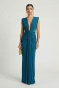 Ruched Evening Maxi Dress - Blue