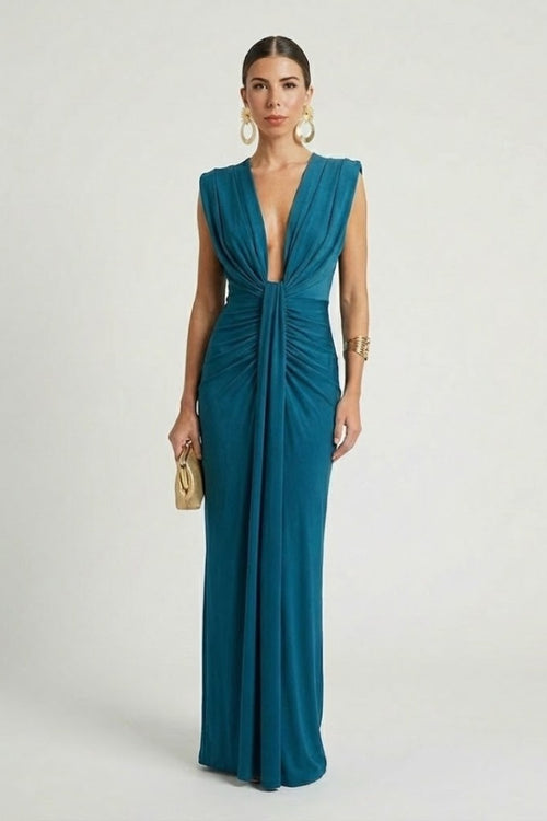 Ruched Evening Maxi Dress - Blue