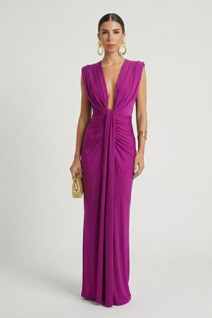 Ruched Evening Maxi Dress - Purple