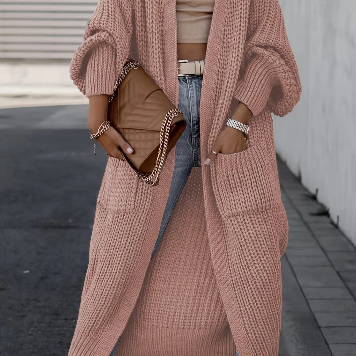 Women's Chunky Knit Longline Cardigan - Pink