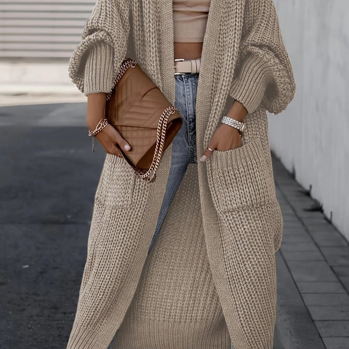 Women's Chunky Knit Longline Cardigan - Khaki