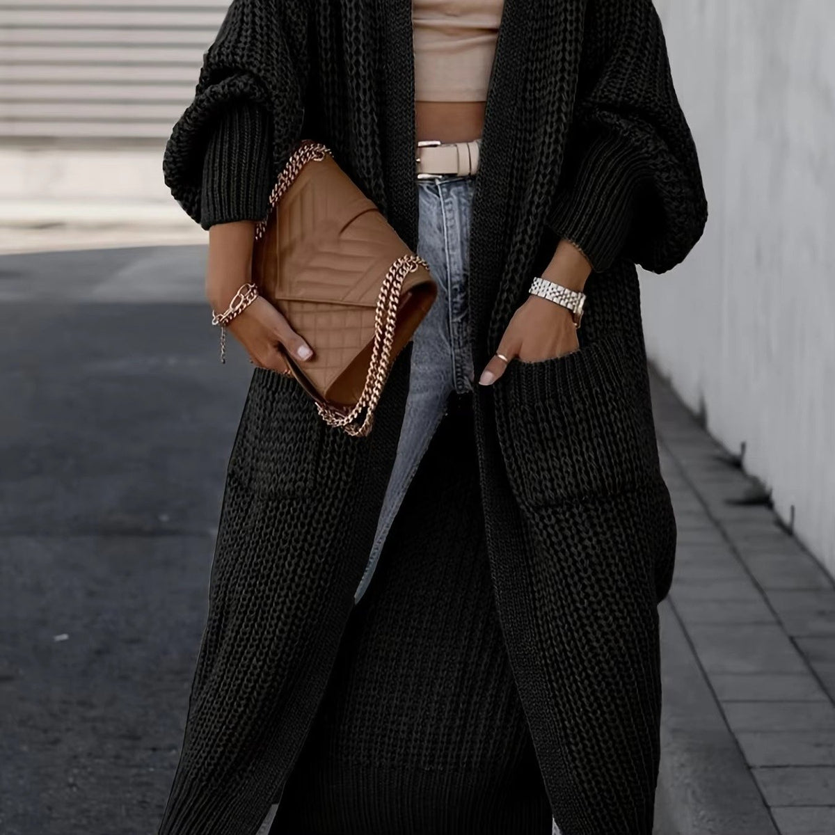 Women's Chunky Knit Longline Cardigan - Black