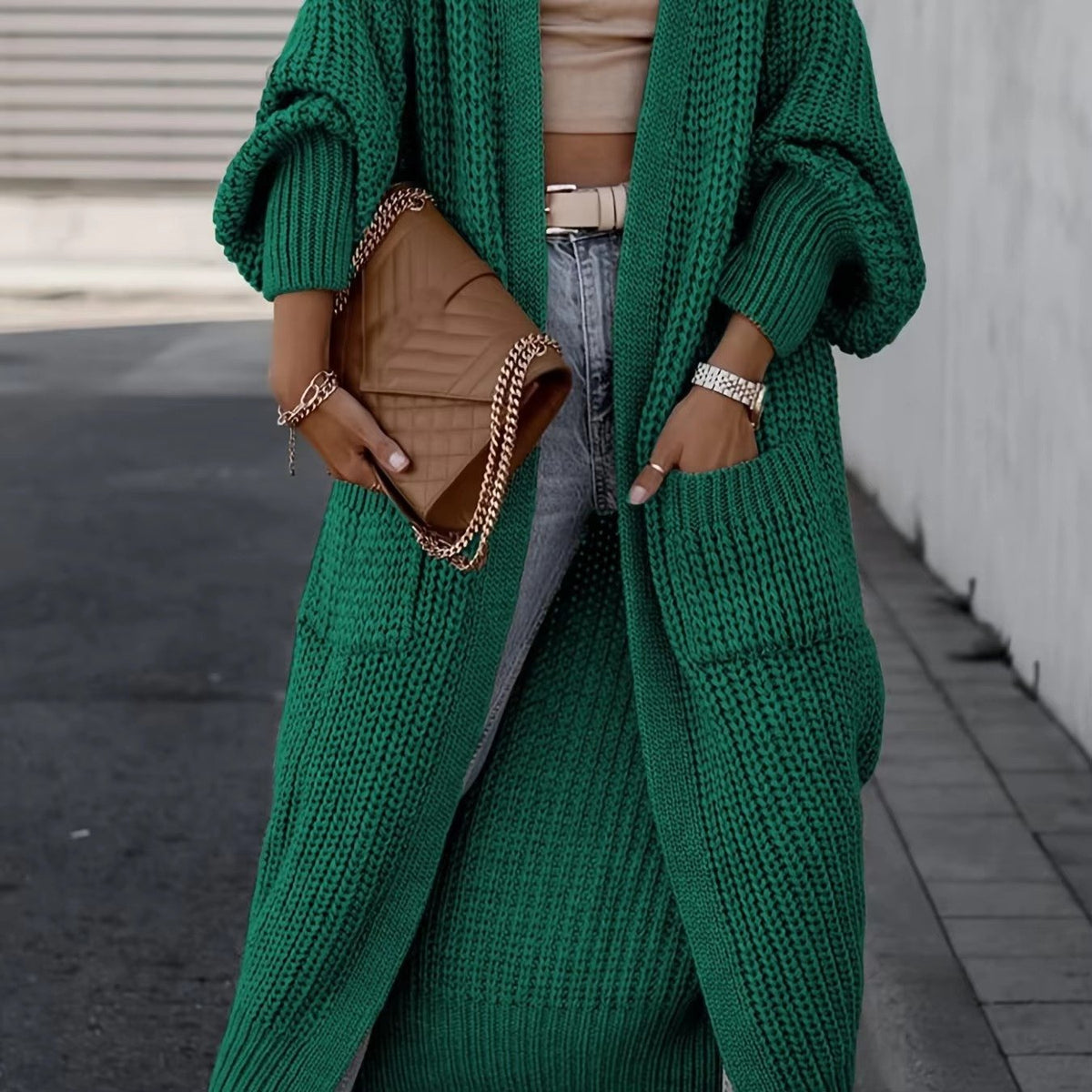 Women's Chunky Knit Longline Cardigan - Green