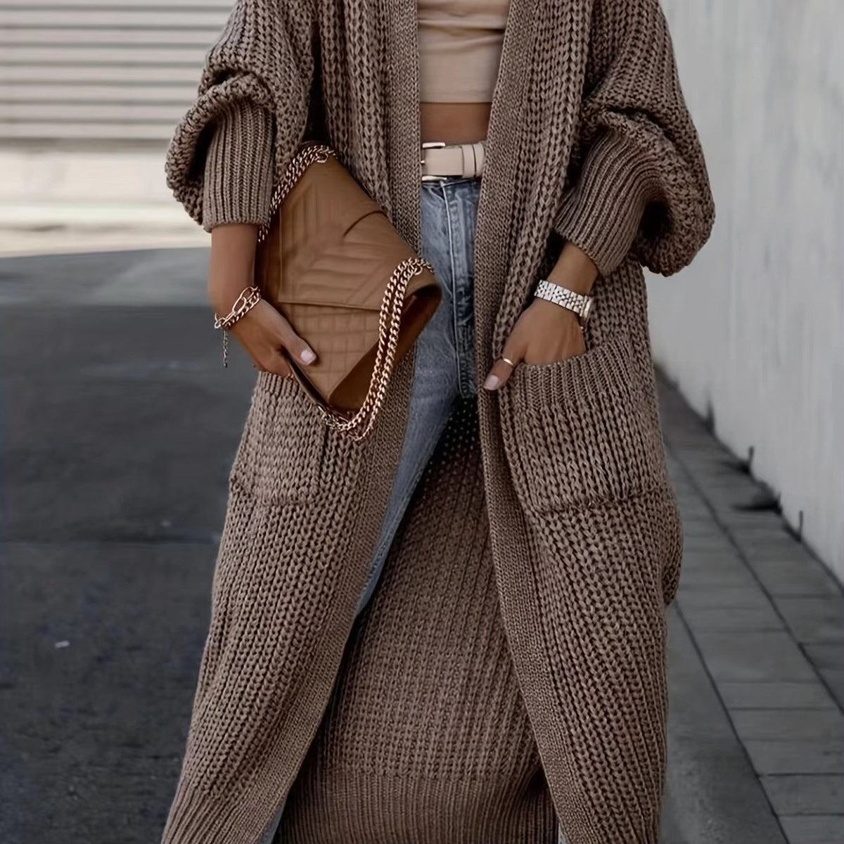 Women's Chunky Knit Longline Cardigan - Coffee